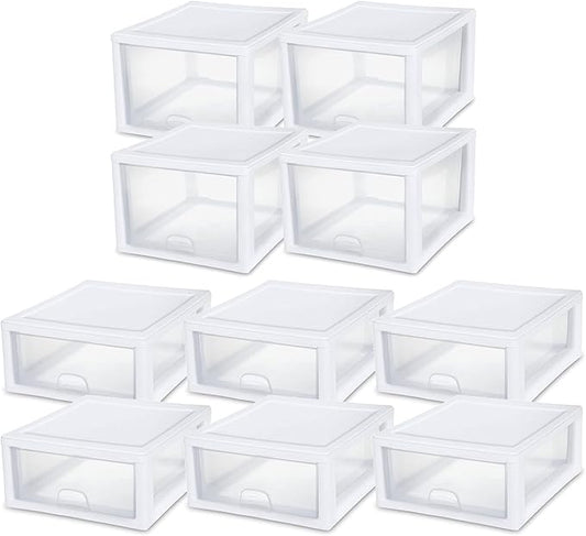 Sterilite 27 Qt (4 Pack) and 16 Qt (6 Pack) Clear Plastic Stackable Organizer Drawers, White