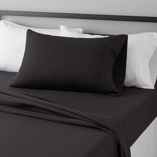 Amazon Basics Lightweight Super Soft Easy Care Microfiber 3 Piece Bedsheet Set with 14-Inch Deep Pockets, Twin XL, Black, Solid