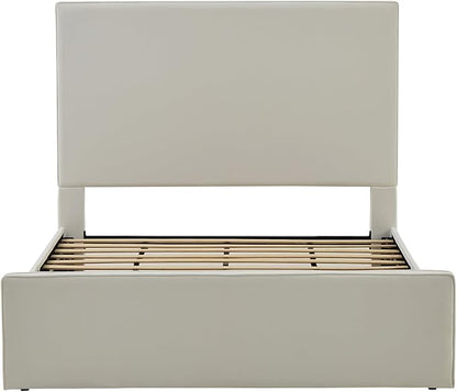 King Size Upholstered Bed Frame, 52" High Headboard Wingback Bedframe, Lucas Tall Headboard Floor Platform Beds, No Box Spring Needed No Noise/Minimalist/Coconut Micro Suede, White