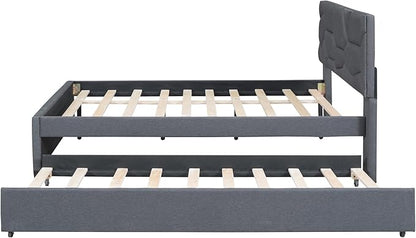 Full Size Bed Frame with Twin Size Trundle,Linen Upholstered Platform Bed Frame Full with Brick Pattern Headboard,Wood Slat Support Included,No Box Spring Needed,Easy Assembly,Gray