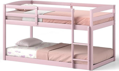 KOMFOTT Low Bunk Bed Twin Over Twin, Solid Wood Twin Bed Frame with Built-in Ladder & Safety Guardrails, Space-Saving Low Bunk Bed for Kids, Teens, No Box Spring Needed