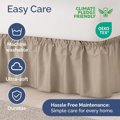 Wrap Around Dust Ruffle Bed Skirt - Cream - for Queen Size Beds w/ 14 Inch Drop - Easy Fit Elastic Strap - Adjustable Pleated Bedskirt w/Brushed Fabric, Wrinkle & Fade Free Women, Men, Kids & Teens
