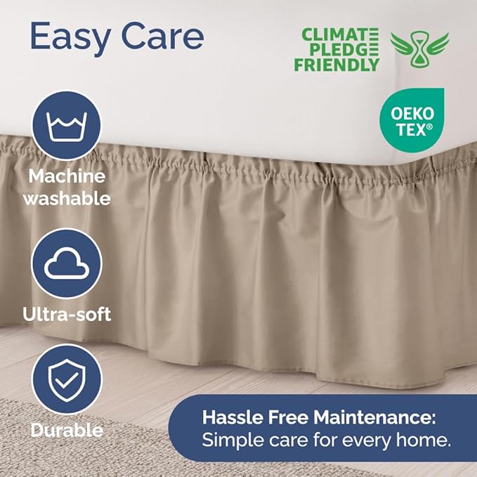 Wrap Around Dust Ruffle Bed Skirt - Cream - for King Size Beds w/ 14 Inch Drop - Easy Fit Elastic Strap - Adjustable Pleated Bedskirt w/Brushed Fabric, Wrinkle & Fade Free Women, Men, Kids & Teens