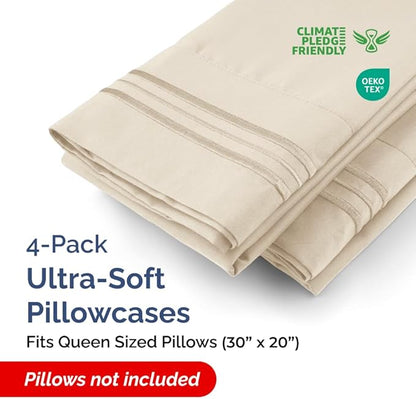 Queen Pillow Cases Set of 4 - Ultra Soft Hotel Quality Pillowcase Covers - Comfy, Cozy & Wrinkle Free - Shrinkage, Stain and Fade Resistant - Machine Washable Pillow Protectors - 4 Piece Set - Wheat