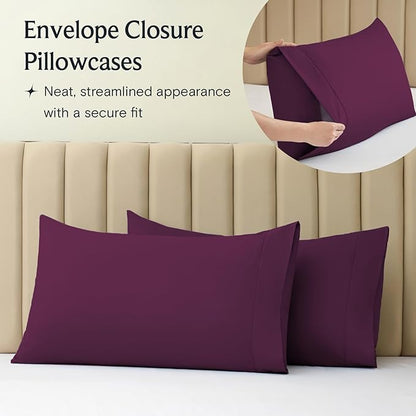 LuxClub 4 PC Full Sheet Set, Deep Pockets Wrinkle Free Cooling Bed Sheets Hotel Bedding for Women, Men, Kids & Teens, Includes 1 Fitted Sheet, 1 Flat Sheet and 2 Pillowcases-Soft Eggplant