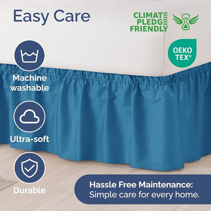 Wrap Around Dust Ruffle Bed Skirt - Denim Blue - for Full Size Beds with 21 Inch Drop - Elastic Strap - Adjustable Pleated Bedskirt with Brushed Fabric and Wrinkle Free - for Women, Men, Kids & Teens