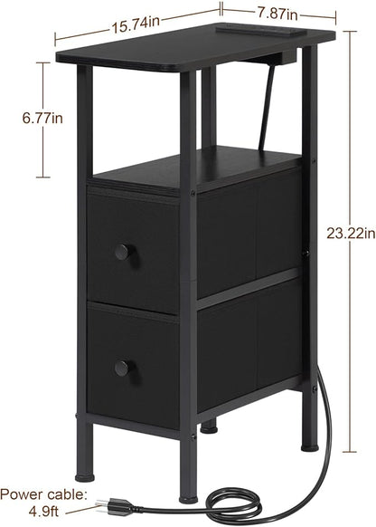 LOAKEKEL Narrow End Table Living Room with Charging Station, Skinny Side Table with Fabric Drawers, Slim Nightstand for Bedroom, Small Spaces, Couch, Black, HETNDP02BK-1