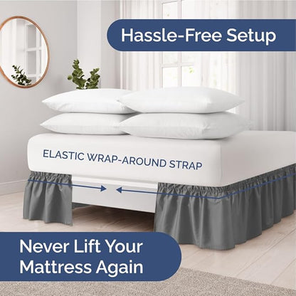 Wrap Around Dust Ruffle Bed Skirt - Dark Grey - for Twin Size Beds w/ 16 Inch Drop - Easy Fit Elastic Strap - Adjustable Pleated Bedskirt with Brushed Fabric, Wrinkle Free Women, Men, Kids and Teens