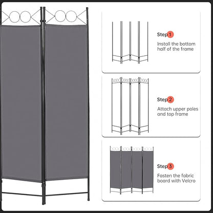 4 Panel Room Divider 6FT Steel Frame Screen Folding Privacy Divider Freestanding Partition for Home Office Bedroom (Grey)