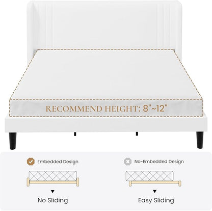 SHA CERLIN King Size Velvet Upholstered Platform Bed Frame with Vertical Channel Tufted Wingback Headboard, Wooden Slats Support, Easy Assembly, Under Bed Storage, No Box Spring Required, White