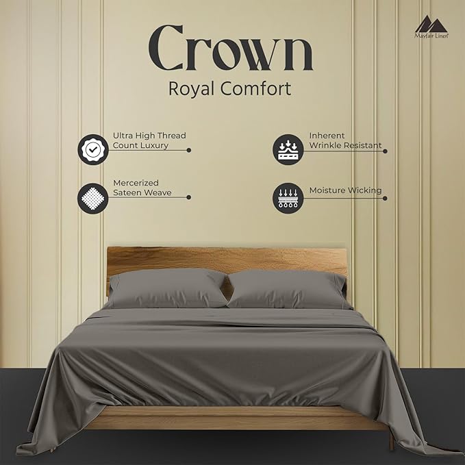 Mayfair Linen 100% Egyptian Cotton King Sheets Set - 2000 Series Luxury Sheet King Size Bed Set, Silky Soft & Cooling, Sateen Weave 17" Extra Deep Pocket Hotel Collection Sheet (4 Pc, Dark Grey)