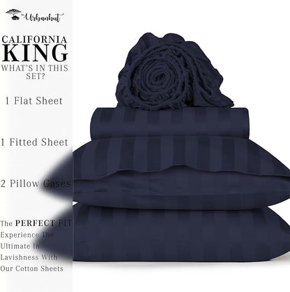 URBANHUT 800 Thread Count 100% Cotton Damask California King Size Sheets Set, 4 Piece Striped Cal King Size Bedsheets, Luxury Hotel Sheets Sateen Weave, 16" Elasticized Deep Pocket- Navy Blue