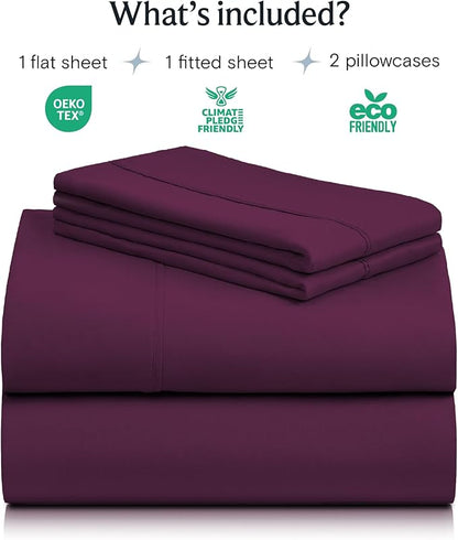 LuxClub 4 PC Full Sheet Set, Deep Pockets Wrinkle Free Cooling Bed Sheets Hotel Bedding for Women, Men, Kids & Teens, Includes 1 Fitted Sheet, 1 Flat Sheet and 2 Pillowcases-Soft Eggplant