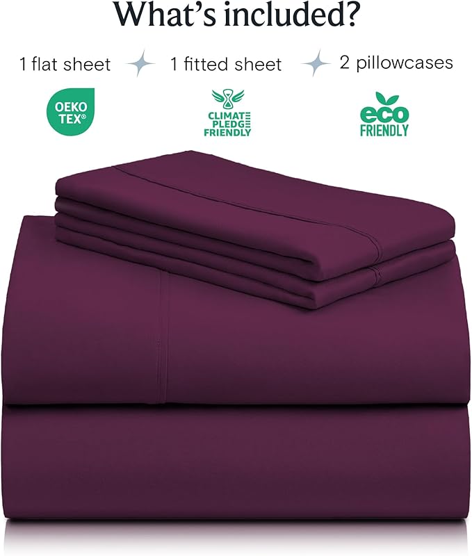 LuxClub 4 PC California King Sheet Set, Deep Pockets Wrinkle Free Cooling Bed Sheets Hotel Bedding for Women, Men, Includes 1 Fitted Sheet, 1 Flat Sheet and 2 Pillowcases-Soft Eggplant