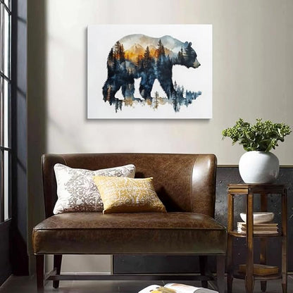 Forest Landscape Inside Bear Canvas Wall Art Framed Painting Watercolor Wildlife Wall Decor Artwork Print Poster Nature Mountain Silhouette Sunset for Living Room Home Office Cabin Decor 16x24 Inches