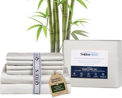 Therapedic 1000TC Queen 6-Piece Sheet Set - 100% Organic Rayon Dervied from Bamboo Blend with Cooling Fiber, Ideal for Hot Sleepers - 16" Deep Pocket Fitted Sheet, Bonus Pillowcases - Ivory