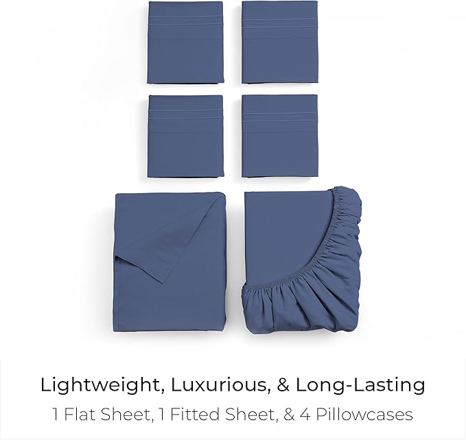 Mellanni King Sheet Set - 6-Piece Iconic Collection Bedding, (Including 4 Pillowcases), 21-Inch Extra Deep Pocket, Easy Care, Ultra Soft, Cooling Sheets, Brushed Microfiber - Blue Nova