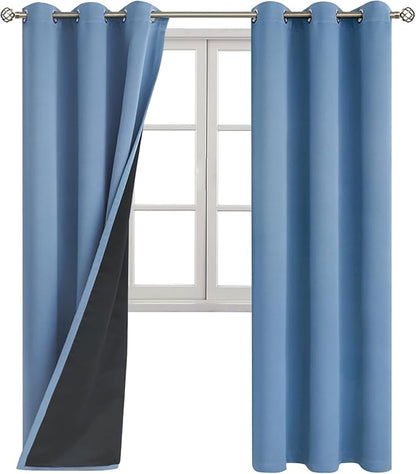 BGment Thermal Insulated 100% Blackout Curtains for Bedroom with Black Liner, Double Layer Full Room Darkening Noise Reducing Grommet Curtain (42 x 84 Inch, Denim Blue, 2 Panels)