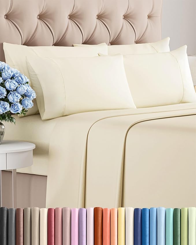 Queen 6 Piece Sheet Set - Cooling, Comfy & Breathable - Hotel Luxury Bedding, Includes Fitted Sheet for Women, Men, Kids & Teens - 1 Flat, 1 Fitted Sheet, 4 Pillowcases with Deep Pockets - Off White