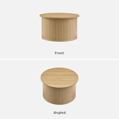 mopio Quin Tambour Round Circle Coffee Table with Storage, Drum Accent, Mid Century Modern, Wood, Fluted Center, Tea Table with Removable Lid, Living Room (Oak)
