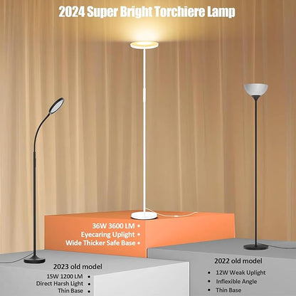 White Floor Lamp, 40W Super Bright Floor Lamps for Living Room Bedroom with Remote & Timer, Torchiere LED Floor Lamp 2700K-6500K Stepless Dimmable, Tall Standing Light Works with Smart Plug