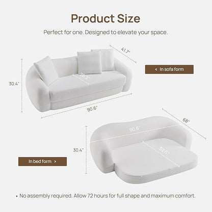 SICOTAS Curved Sofa Couch Bed for Living Room Convertible Futon Cloud Boneless Sleeper Chair Pull Out Floor Couch with Deep Seat Sofa Set Foam No Assembly Required for Bedroom Apartment Office, White