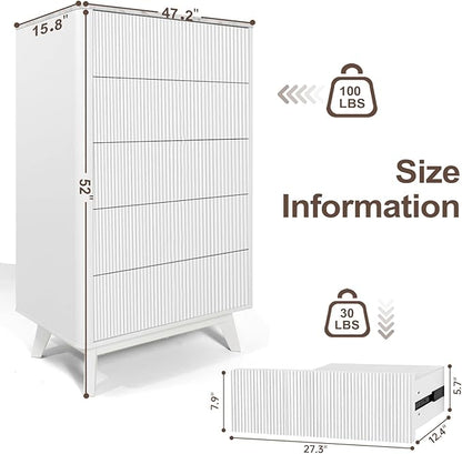 Fluted 5 Drawers Dresser for Bedroom, 47" Tall Handleless Chest of Drawers with Faux Marble Top, Curved Profile Design, Wood Drawer Organizerfor forLiving Room, Hallway, Entryway, White
