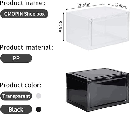6 Pack XL Shoe Storage Box Organizer,Drop Side Large Shoe Boxes Clear Plastic Stackable Container,Magnetic Sneaker Display Case, Fit up to US 13（13.4”x 10.6”x 8.3”(6 Pack Clear)