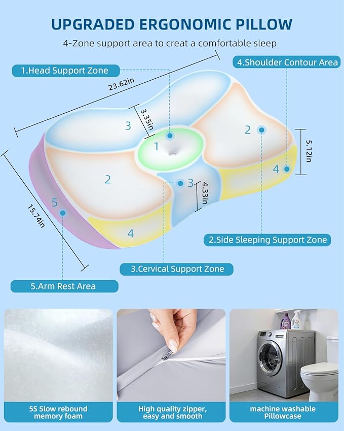 Sleep Pillow Ergonomic Contour Design Cooling Memory Foam Pillows for Neck Support, Side & Back Sleepers White Gray