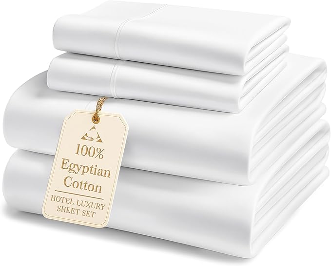 100% Egyptian Cotton Sheets Queen Size - Luxury 1000 Thread Count Naturally Cooling & Breathable Silky Sateen Weave Queen Sheet Set, Soft & Durable Hotel Sheets with 15" Snug Fit Deep Pockets - White