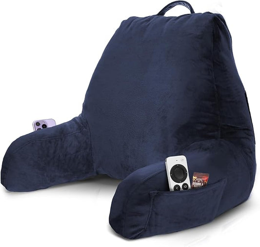 Nestl Reading Pillow with Shredded Memory Foam, Designed for Sitting Up in Bed and Couch, Back and Arms Adjustable Support for Adult & Teens Backrest Pillows for Reading, with Washable Cover Navy Blue