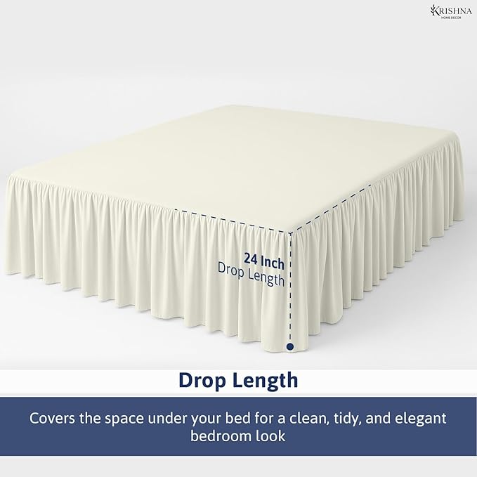 KRISHNA Ruffled Bed Skirt with Split Corners Queen, 100% Microfiber Hotel Quality, 24 Inch Drop Dust Ruffle Gathered Bedskirt with Platform, 60" x 80", Ivory