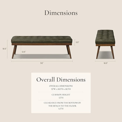 POLY & BARK 55" Tufted Leather Bed Bench for Bedroom End of Bed - Living Room Entry Way Bench - Pure Italian Leather Upholstery with a Solid Wood Frame - Ottoman Bench with Wooden Legs - Olivine Green