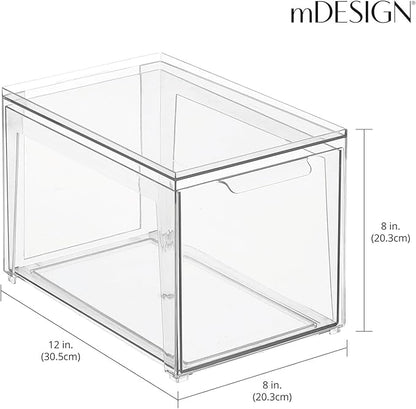mDesign Plastic Stackable Closet Storage Organizer Bins with Pull Out Drawer for Cabinet, Desk, Shelf, Cupboard, or Dresser Organization - Lumiere Collection - 4 Pack - Clear