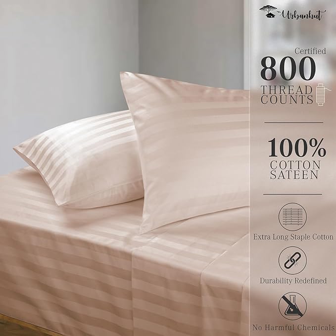 URBANHUT 800 Thread Count 100% Cotton Damask King Size Sheets, 4 Piece Striped King Size Bedsheets, Luxury Hotel Sheets Sateen Weave - Better Than Egyptian, 16" Elasticized Deep Pocket- Blush Pink