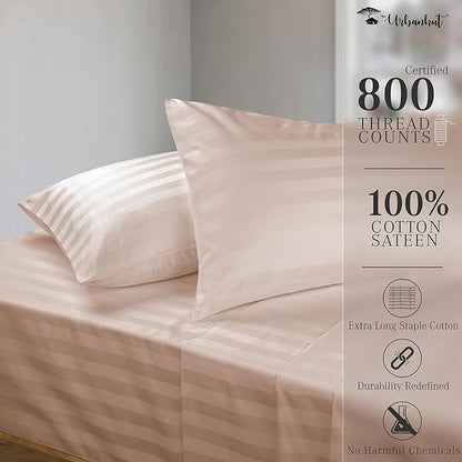 URBANHUT 800 Thread Count 100% Cotton Damask Queen Size Sheets, 4 Piece Striped Queen Size Bedsheets, Luxury Hotel Sheets Sateen Weave - Better Than Egyptian, 16" Elasticized Deep Pocket- Blush Pink