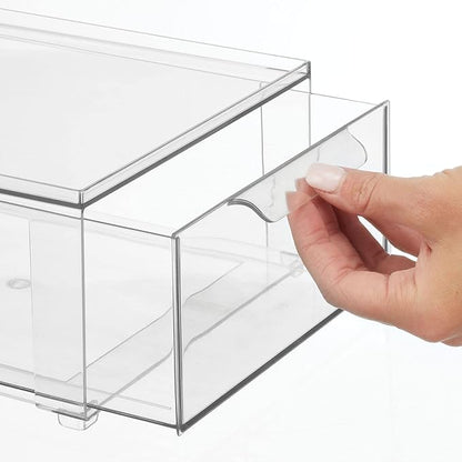 mDesign Plastic Stackable Bathroom Storage Organizer Bin Containers with Front Pull Drawer for Bathroom Countertop, Vanity, Closet Shelves - Holder for Beauty Accessories - Lumiere Collection - Clear