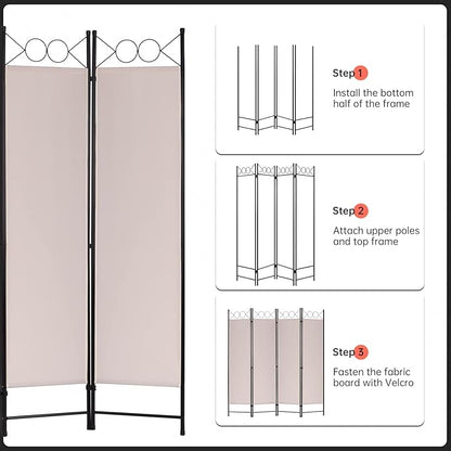 4 Panel Room Divider 6FT Steel Frame Screen Folding Privacy Divider Freestanding Partition for Home Office Bedroom (Tan)
