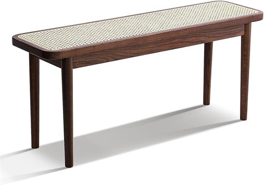 47.2'' Natural Rattan Dining Bench with 100% Solid Oak Wood Bench Frame, Bed End Shoe Ottoman for Kitchen Bedroom Entryway, Walnut