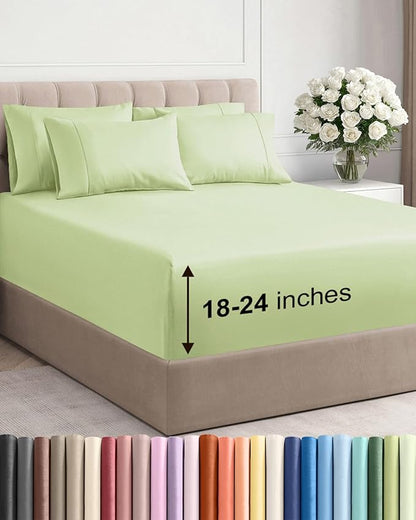 Extra Deep Queen Sheet Set - 6 Piece Breathable & Cooling Sheets - Hotel Luxury Bed Sheets Set - Easy & Secure Fit - Soft, Wrinkle Free & Comfy Sheets Set - Light Sage Sheet Set w/Extra Deep Pockets
