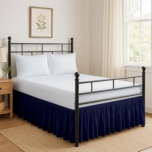 Ruffled Bed Skirt Split Corners with Platform, Tailored Fit Hotel Quality Wrinkle Free Ultra-Soft Microfiber Dust Ruffle, Upto 12 Inch Drop, Queen, Navy Blue