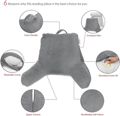 Nestl Reading Pillow with Shredded Memory Foam, Designed for Sitting Up in Bed and Couch, Back and Arms Adjustable Support for Adult & Teens Backrest Pillows for Reading, with Washable Cover Grey