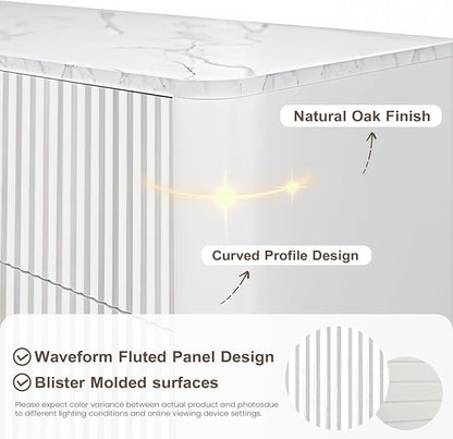 Fluted 6 Drawers Dresser for Bedroom,52" Wide Handleless Chest of Drawers with Faux Marble Top, Wooden Dresser TV Stand, Wood Drawer Organizer for Living Room, Hallway, White