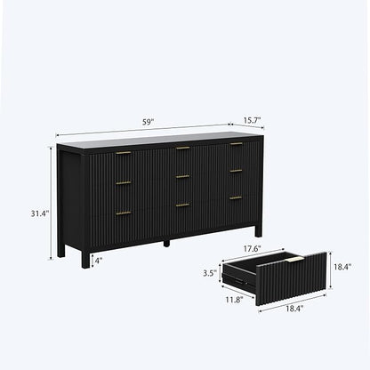 Modern Chest of Drawers with 9 Drawers, Modern Chest of Drawers for Closet, Large Storage Cabinet with Solid Natural Wood Legs for Living Room, Bedroom,Hallway, Black Oak