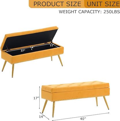 Velvet Storage Bench with Gold Legs& Nailhead Trim, 40" Wide Upholstered Modern Bedroom Bench for End of Bed, Tufted Ottoman for Entryway Living Room Dining Room (Mustard Yellow, 40" Wide)