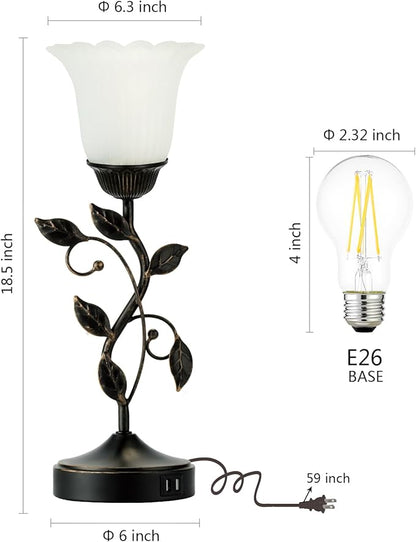 RORIANO Set of 2 Touch Bedside Vintage Lamps with 2 USB Ports, 3-Way Dimmable Flower Lamps, White Glass Shade Rustic Leaf Lamp for Bedroom Side Table, LED Bulb Included