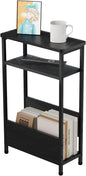THUMEYE 7.1" Narrow Side Table for Small Spaces, 3 Tier Small End Table with Magazine Holder, Slim/Skinny Nightstand/Bedside Table for Living Room, Bedroom, 15.4" L x 24.2" H, Black