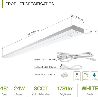 ASD 48 Inch LED Under Cabinet Lighting Plug in or Hardwired, High/Low/Off Switch, 24W 120V 3 CCT 2700K/3000K/4000K CRI90+, Triac Dimmable Linkable Under Counter Lights for Kitchen, ETL Listed, White