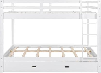 Bellemave Queen Over Queen Size Bunk Bed with Trundle for Kids/Adults,Solid Wood Bunk Bed Frame Queen Size with Ladder & Safety Guardrails,White