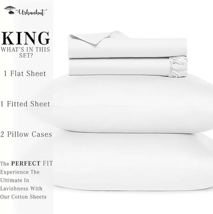 URBANHUT 800 Thread Count 100% Cotton King Size Sheets, Luxury 4 Piece King Bedsheets, Hotel Sheets Sateen Finish - Better Than Egyptian, 16" Elasticized Deep Pocket - White